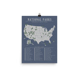 National Park Bucket List Map Poster Blue | All 63 Parks | Updated 2021 |