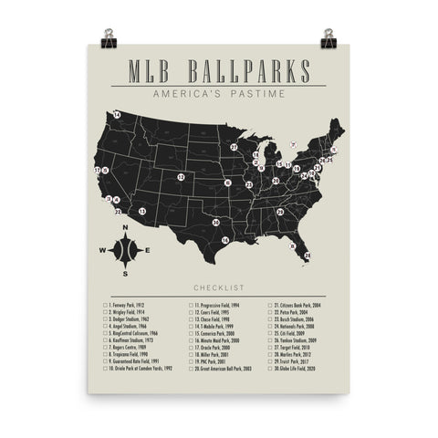 MLB Ballparks Checklist Map Poster | 2021 Update |