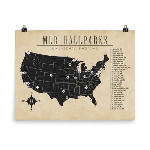 MLB Ballparks Checklist Map Poster | 2021 Update | Vintage Style
