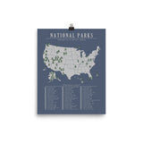 National Park Bucket List Map Poster Blue | All 63 Parks | Updated 2021 |